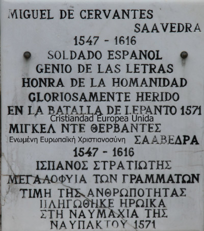 Cervantes plaque at Naupaktos Battle of Lepanto