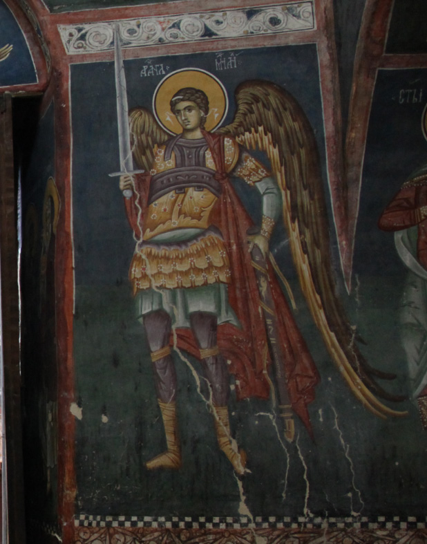 Archangel Saint Michael in fresco at the portal to the Narthex of  the Church of the Mother of God Hodegetria