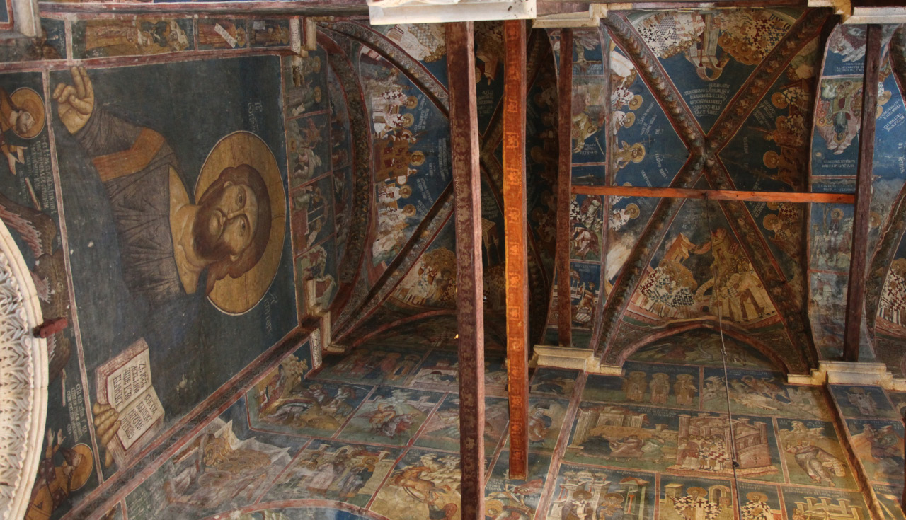 Written circa 1350 fresco of Lord Jesus in the central nave of the narthex in the Visoki Dečani Monastery in the Metohija region of Kosovo and Metohija then on cross vaulting panels on ceiling depictions of ecumenical councils