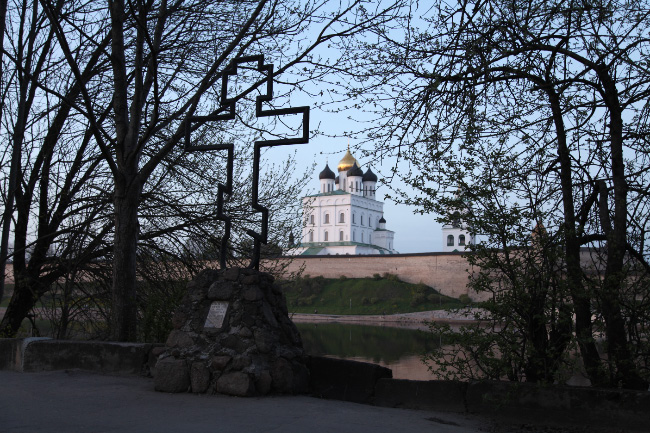 Near the site where Grand Princess Saint Olga declared: "Быть Здесь Великому и Славному Граду – Let a Great and Glorious City be Here"